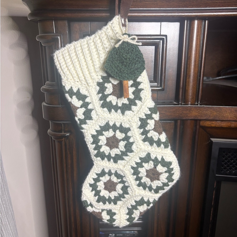 Handmade Crochet Holiday Stocking - Green and Cream
